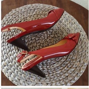 Cole Haan red patent sling back peep toe heel